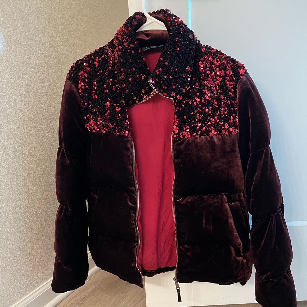 Maeve by Anthropologie Vera Sequined Velvet Puffer Jacket